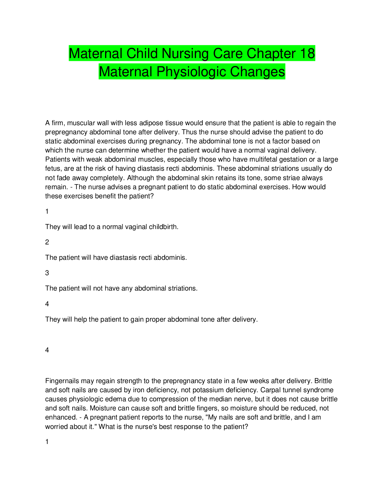 Preview image for Maternal Child Nursing Care Chapter 18  Maternal Physiologic Changes